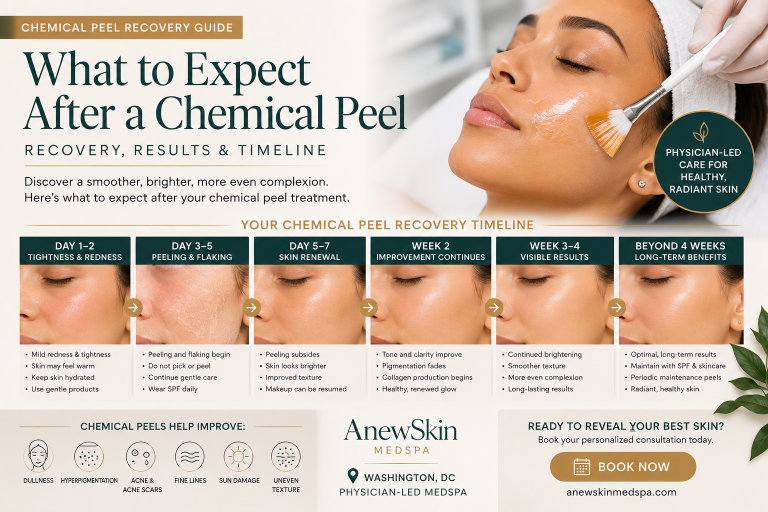 Physician-led chemical peel recovery treatment timeline in Washington DC showing skin rejuvenation results and healing stages