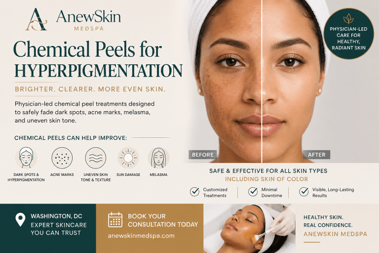 Physician-led chemical peel treatment for hyperpigmentation and dark spots in Washington DC showing brighter and more even skin tone