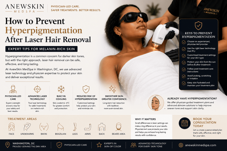 Woman with melanin-rich skin receiving physician-led laser hair removal treatment in Washington DC
